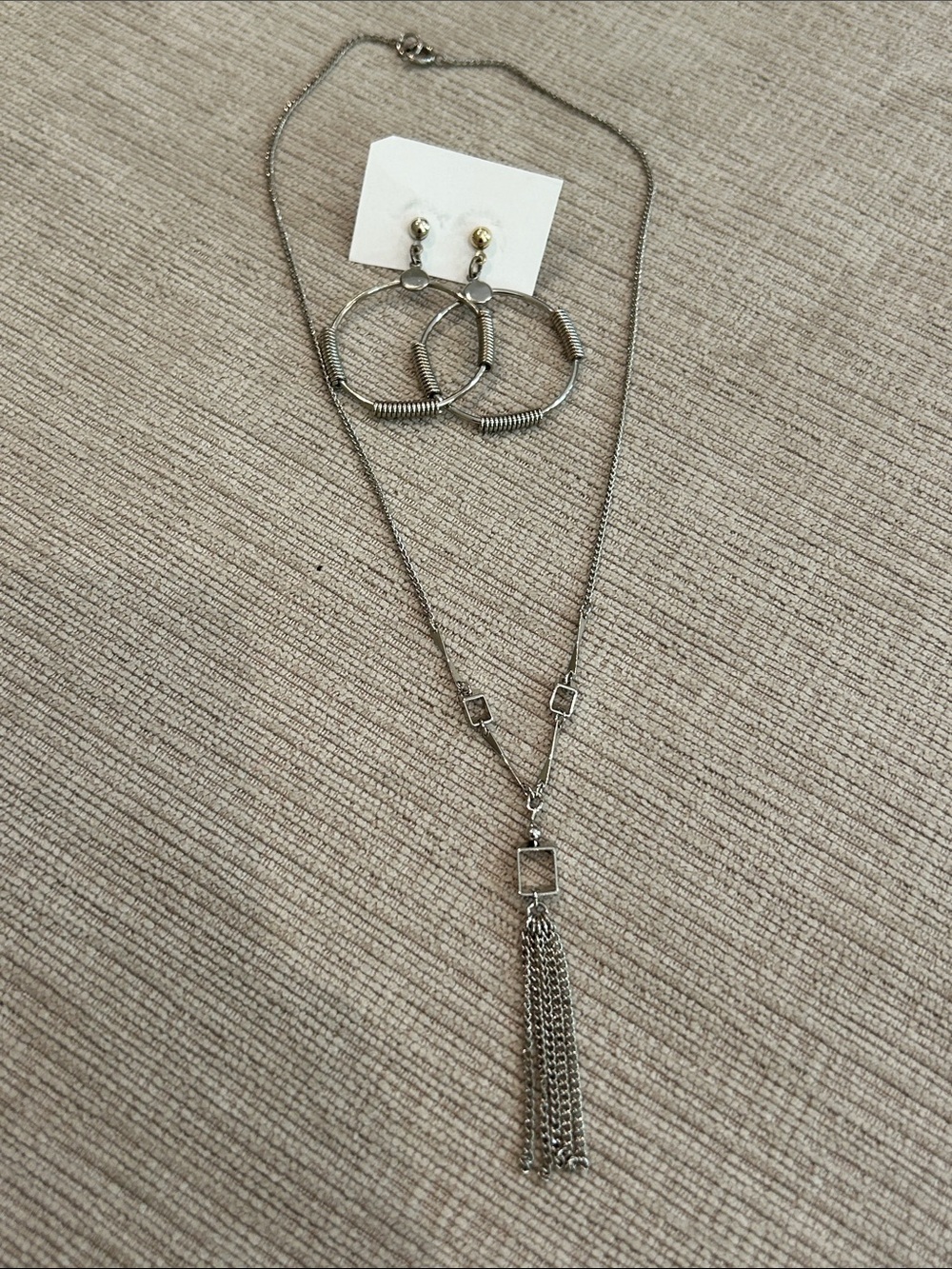 Silver Tassel Pendant Necklace with Hoop Earrings - Women Jewelry